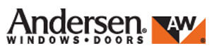 Logo of Andersen Windows and Doors, perfect for illustrating your home improvement journey. The text "Andersen Windows • Doors" sits on the left, while an orange and black triangular icon with "AW" is on the right, reflecting quality akin to top gutter services in Riverdale NJ.