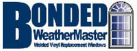 Logo for Bonded WeatherMaster featuring a large letter "B," the phrase "Welded Vinyl Replacement Windows," and an image of a window with white framing on the right side, perfect for any roofing contractor in Riverdale NJ looking to enhance customer trust.