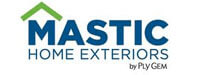 Logo for Mastic Home Exteriors by Ply Gem, perfect for those seeking siding in Riverdale NJ. The word "Mastic" is in large blue letters with a green roof-like accent above the "M." Below, "Home Exteriors" appears in smaller blue letters, with "by Ply Gem" in small black text.