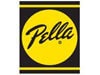Logo for a roofing contractor in Riverdale NJ: a black background with a large yellow circle at the center. Inside, "Pella" is elegantly scripted in black cursive letters. Two yellow stripes frame the circle above and below, creating a striking design for this Riverdale-based company.