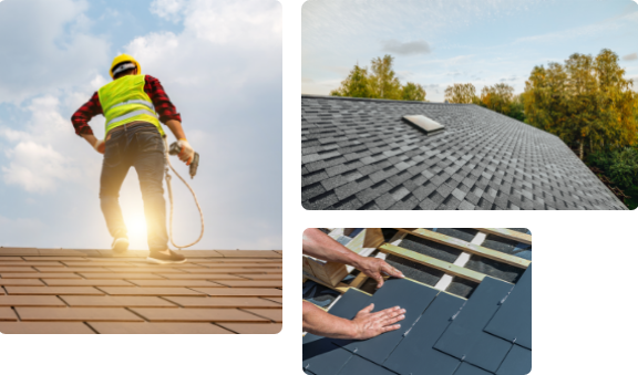 A construction worker wearing a safety vest stands on a roof with a nail gun, showcasing expert roofing in Riverdale NJ. Nearby, two images capture close-ups of shingles being installed by skilled hands. The background features trees and a clear blue sky.