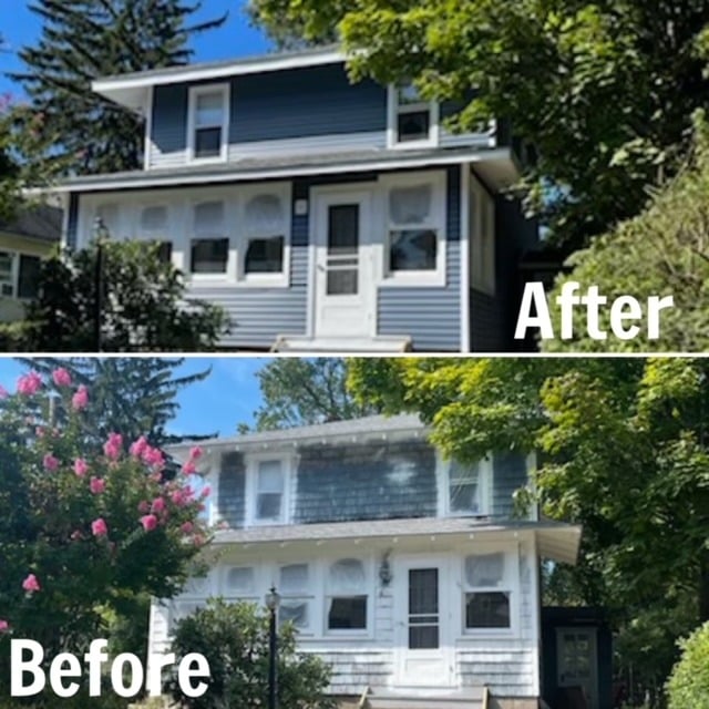 Top image: A renovated two-story house with new blue siding in Riverdale, NJ, complemented by updated white trim. Bottom image: The same house before renovation, featuring weathered and peeling gray paint. Both images showcase lush greenery around the home, hinting at the expertise of local siding services.