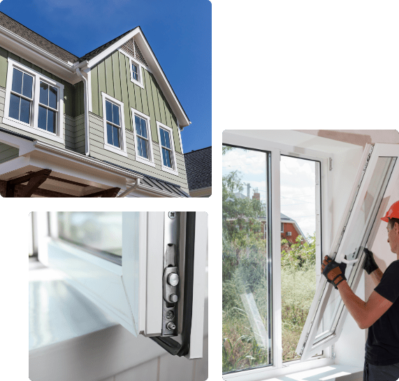 Collage of images showing a green house exterior with windows, a close-up of a window locking mechanism, and a person wearing an orange helmet installing a window with a scenic outdoor view in the background.