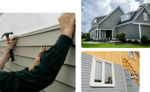 Collage of three images: a person installing gray siding, a house with completed gray siding and landscaped yard, and a house partially covered in sheathing and gray siding.