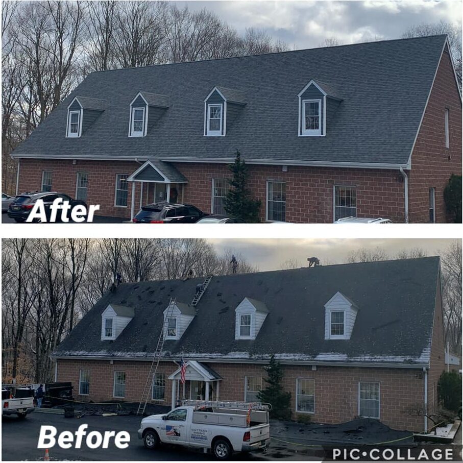 Two images of the same brick building: the top image, labeled "After," shows a new, clean gray roof; the bottom image, labeled "Before," shows the old, damaged roof being replaced, with workers and equipment present.