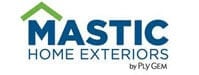 Logo for Mastic Home Exteriors by Ply Gem, featuring the word "Mastic" in large blue letters with a green roof shape above the "M," and "Home Exteriors by Ply Gem" in smaller text below.