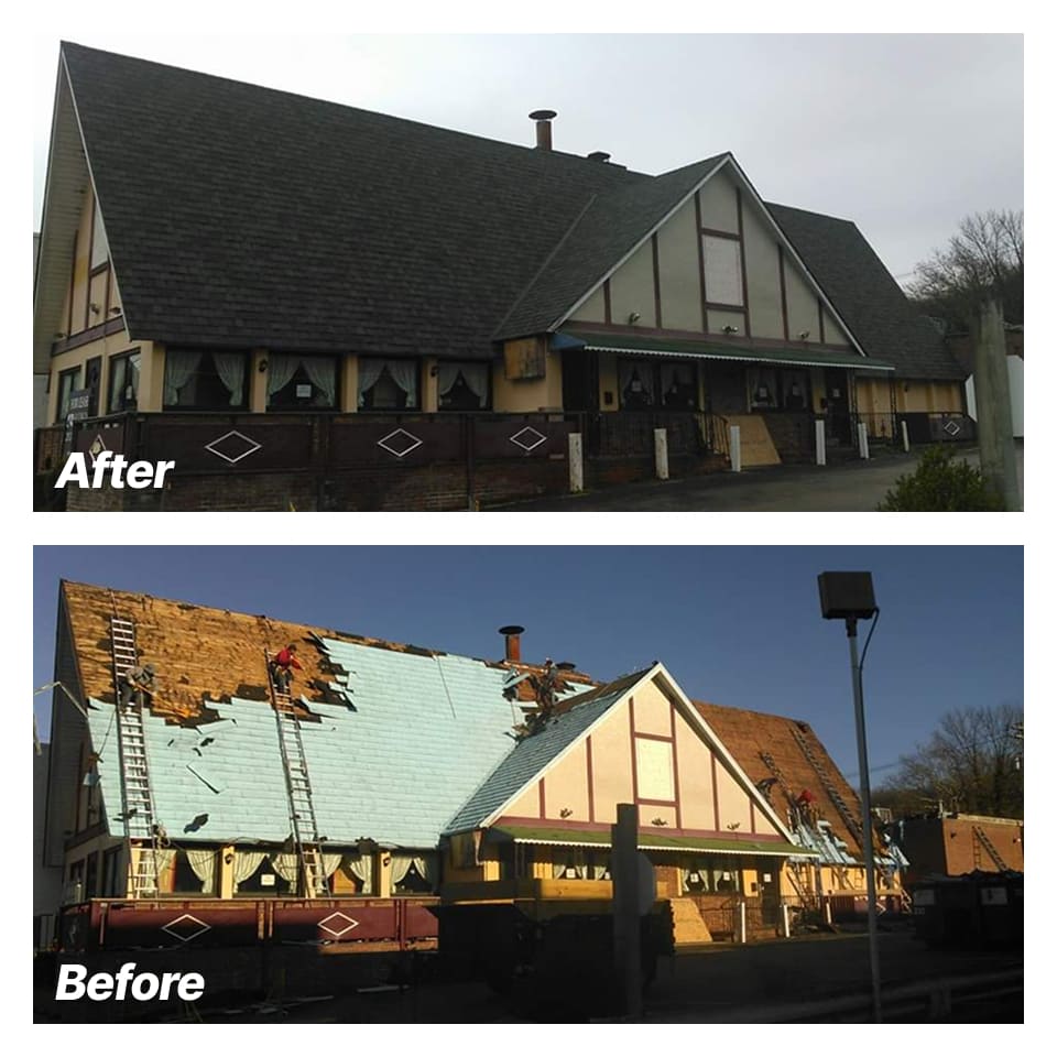 Two photos show a restaurant before and after roof repairs. The "before" image shows workers and exposed wooden roof panels. The "after" image displays a completed, dark-colored roof with no construction activity.