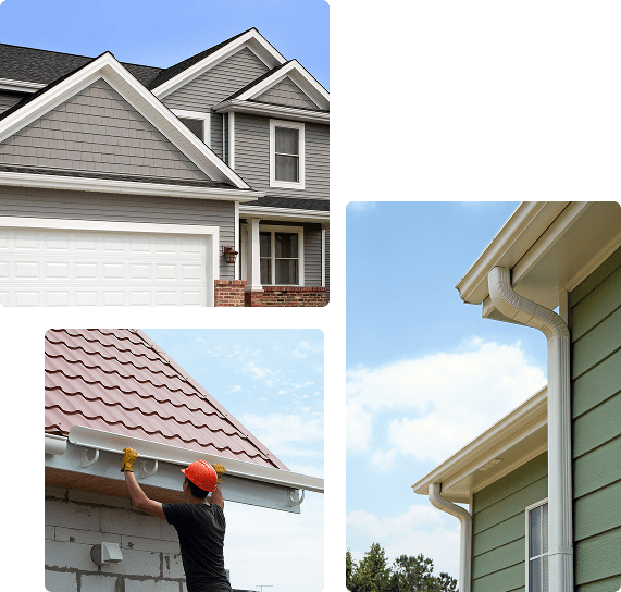 Three images showing different house exteriors: a gray house with a white garage, a worker installing white gutters on a red roof, and a close-up of white gutters attached to a green house.